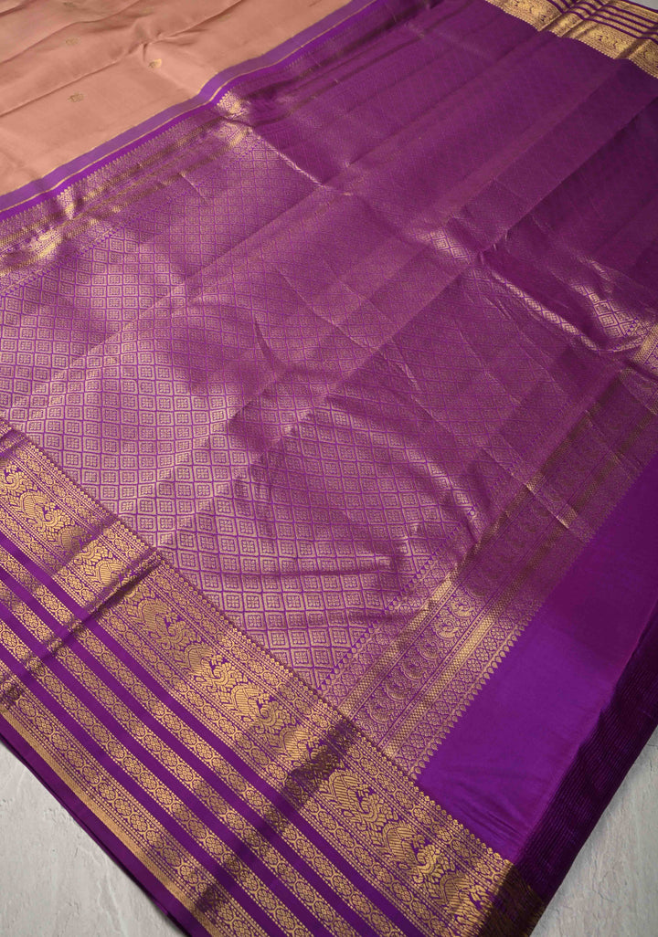 Sandstone Kanjivaram Pure Silk Saree with Peacock Zari Buttas and Contrast Zari Border | SILK MARK CERTIFIED