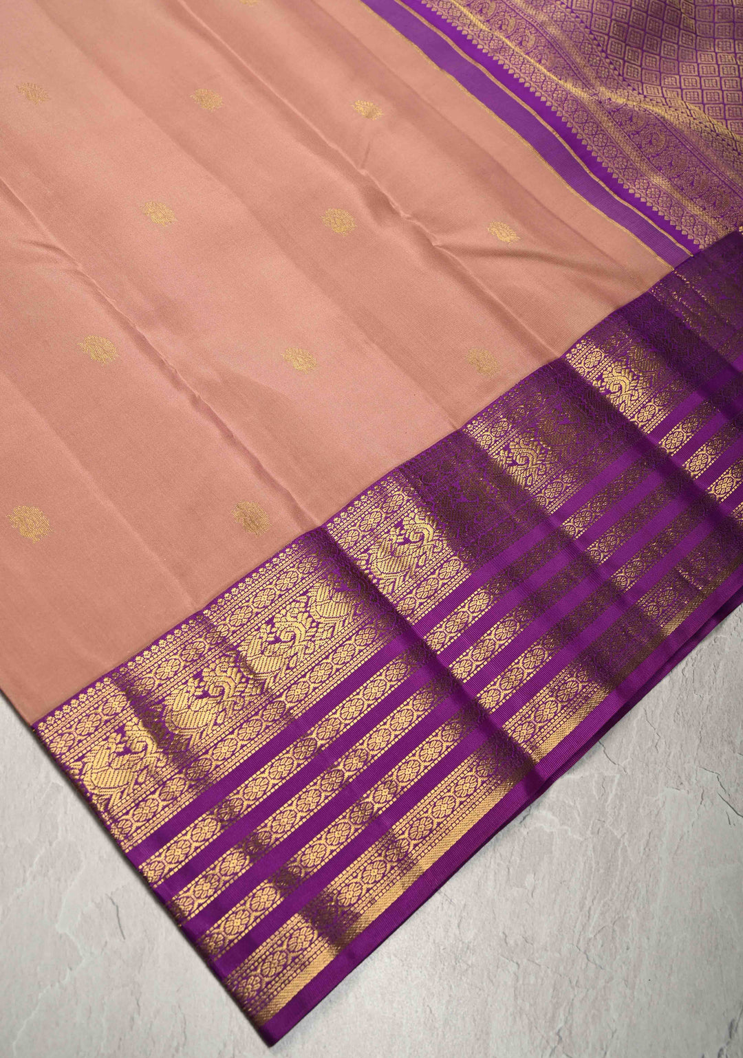 Sandstone Kanjivaram Pure Silk Saree with Peacock Zari Buttas and Contrast Zari Border | SILK MARK CERTIFIED