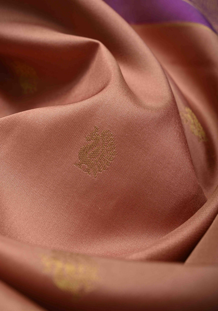 Sandstone Kanjivaram Pure Silk Saree with Peacock Zari Buttas and Contrast Zari Border | SILK MARK CERTIFIED
