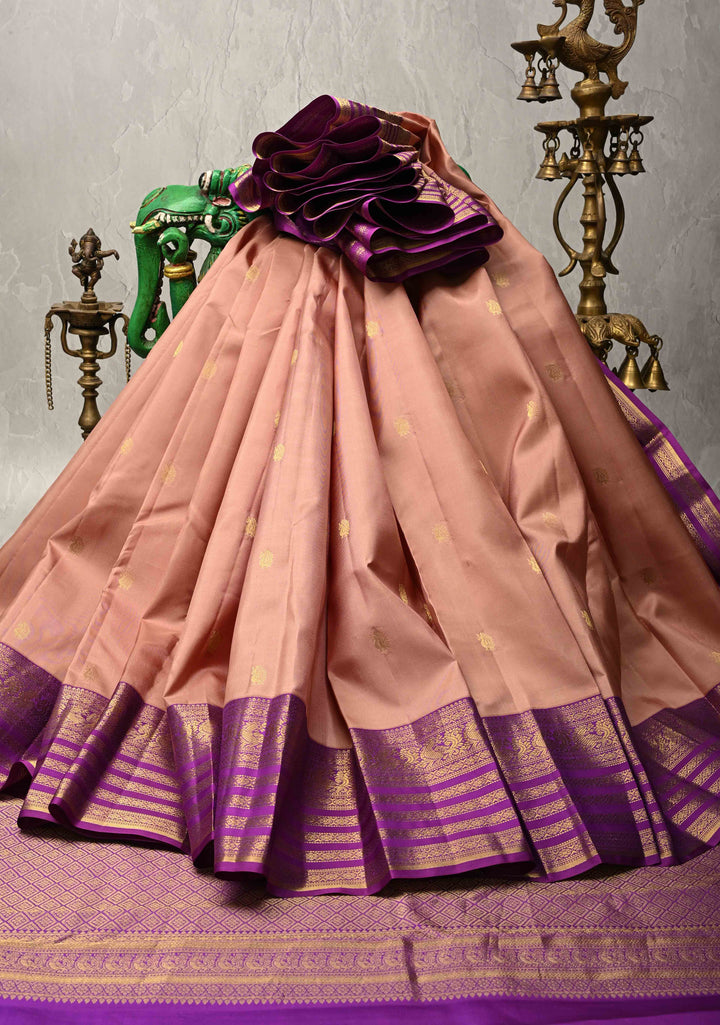 Sandstone Kanjivaram Pure Silk Saree with Peacock Zari Buttas and Contrast Zari Border | SILK MARK CERTIFIED