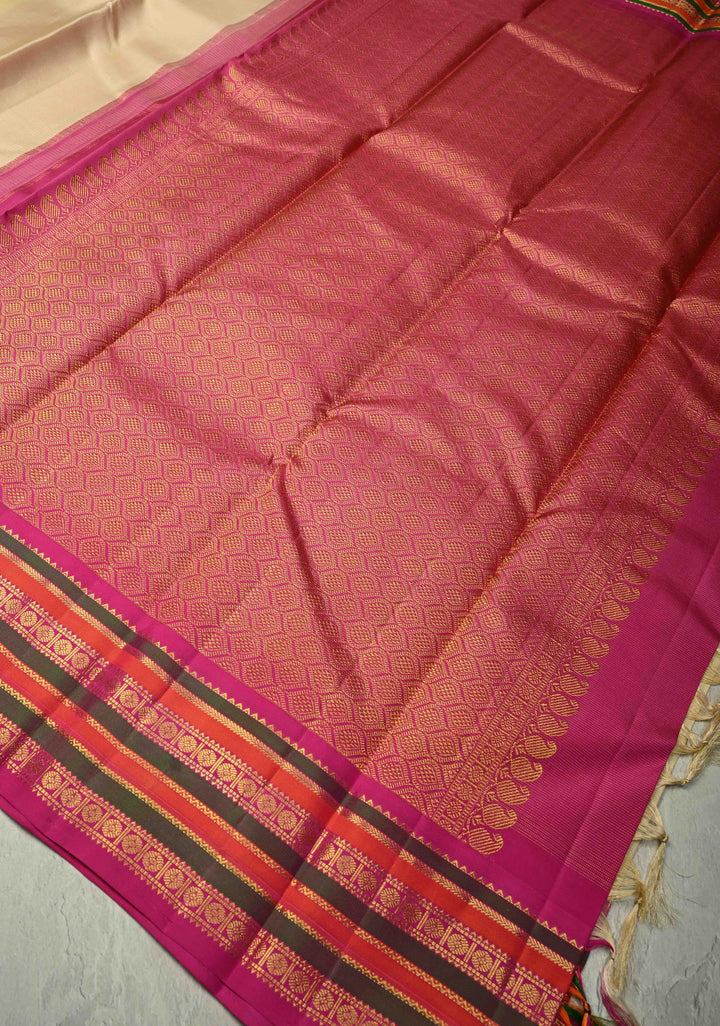 Off White Vairaoosi on Kanjivaram Pure Silk Saree with Temple Korvai Contrast Zari Border | SILK MARK CERTIFIED
