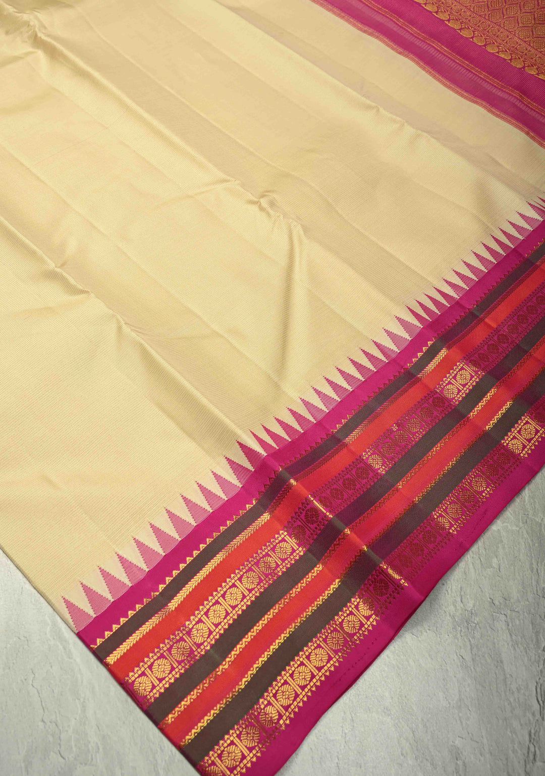 Off White Vairaoosi on Kanjivaram Pure Silk Saree with Temple Korvai Contrast Zari Border | SILK MARK CERTIFIED