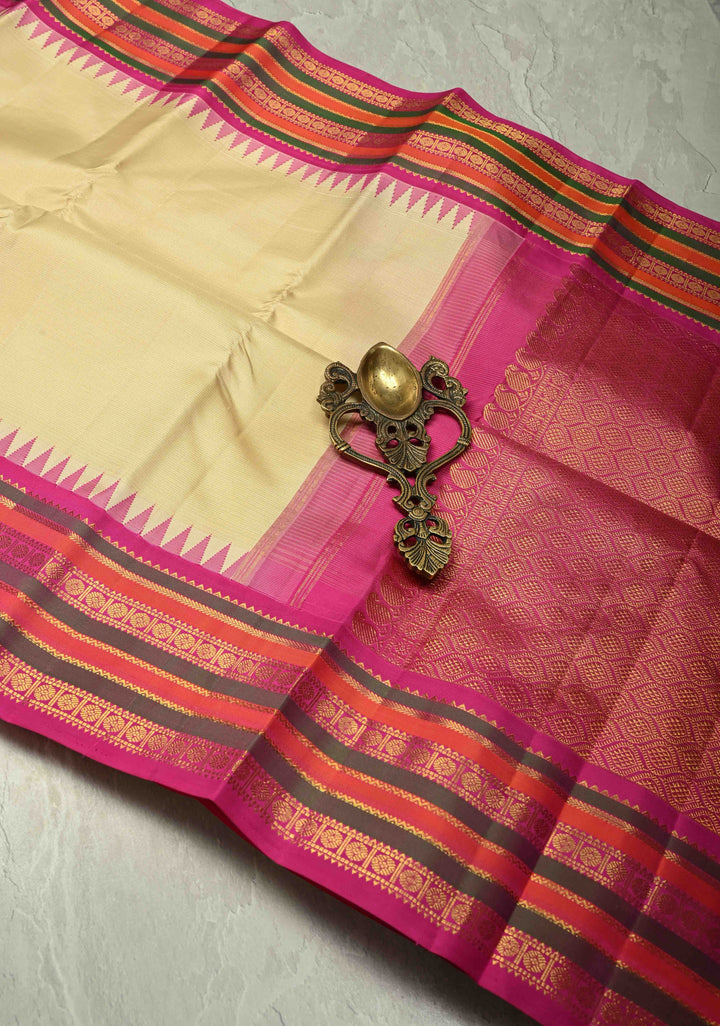 Off White Vairaoosi on Kanjivaram Pure Silk Saree with Temple Korvai Contrast Zari Border | SILK MARK CERTIFIED
