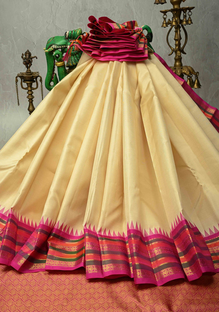 Off White Vairaoosi on Kanjivaram Pure Silk Saree with Temple Korvai Contrast Zari Border | SILK MARK CERTIFIED