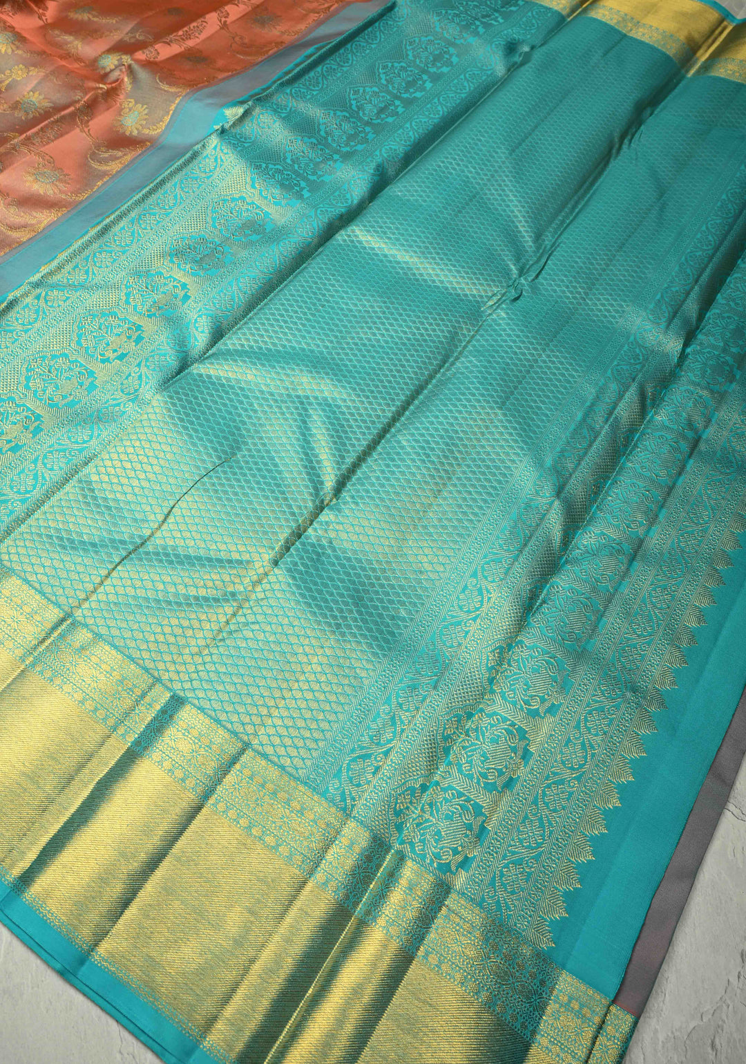 Salmon Pink Kanjivaram Tissue Silk Saree with Meenakari Floral Jaal and Contrast Zari Border | SILK MARK CERTIFIED