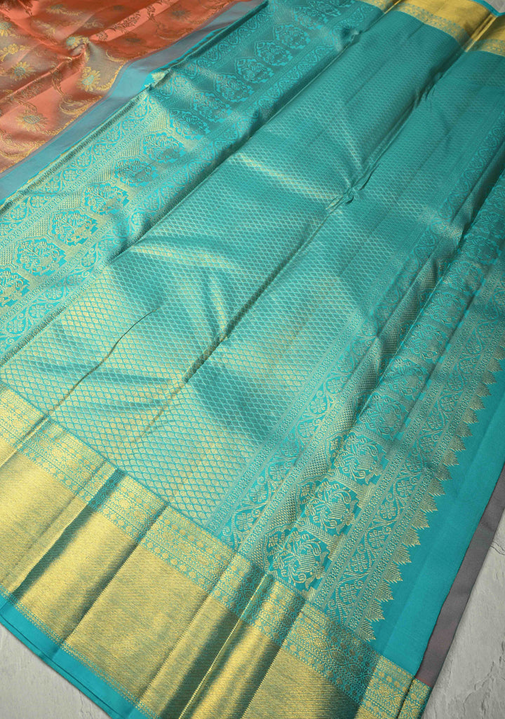 Salmon Pink Kanjivaram Tissue Silk Saree with Meenakari Floral Jaal and Contrast Zari Border | SILK MARK CERTIFIED