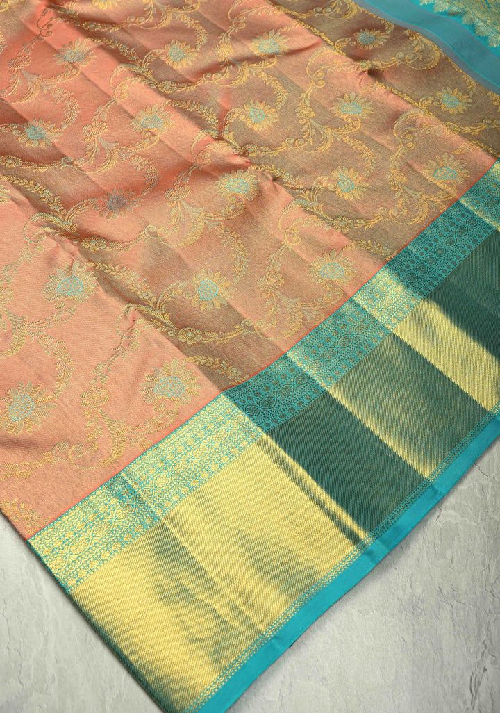 Salmon Pink Kanjivaram Tissue Silk Saree with Meenakari Floral Jaal and Contrast Zari Border | SILK MARK CERTIFIED