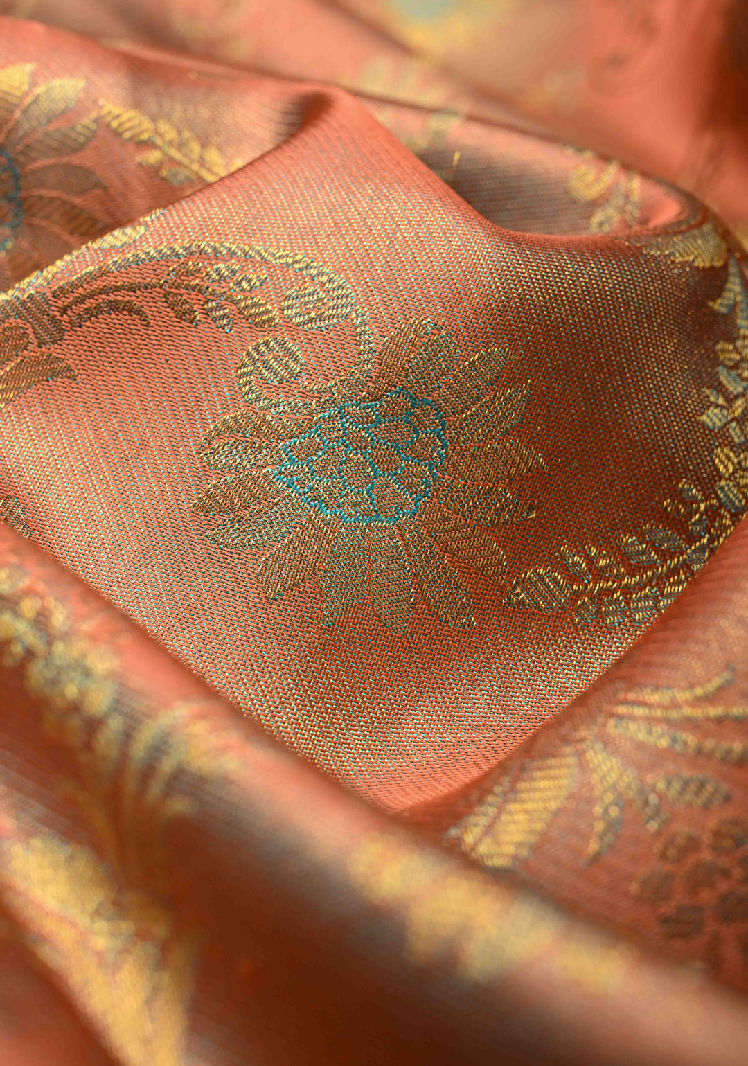 Salmon Pink Kanjivaram Tissue Silk Saree with Meenakari Floral Jaal and Contrast Zari Border | SILK MARK CERTIFIED