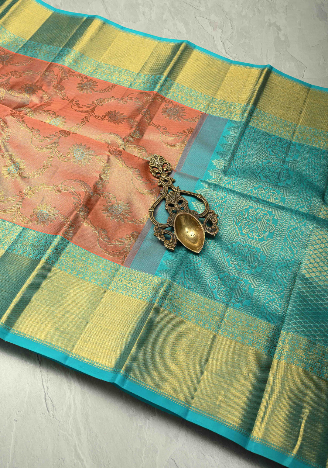 Salmon Pink Kanjivaram Tissue Silk Saree with Meenakari Floral Jaal and Contrast Zari Border | SILK MARK CERTIFIED