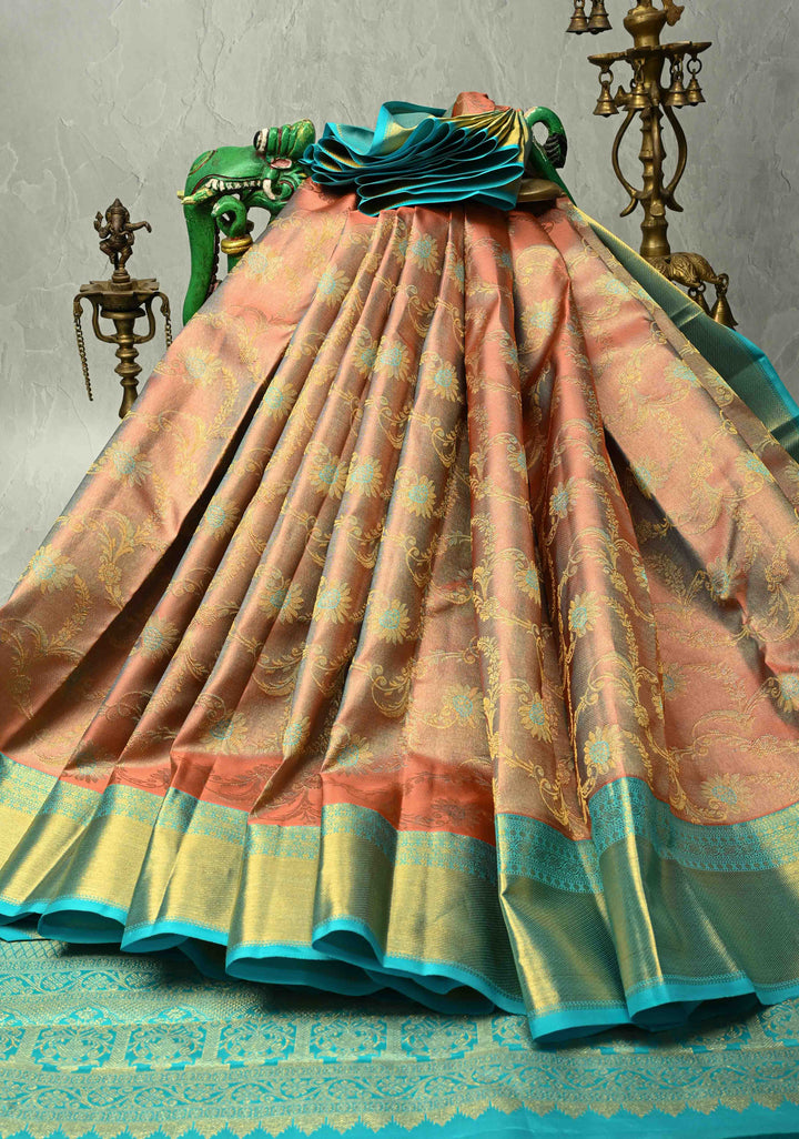 Salmon Pink Kanjivaram Tissue Silk Saree with Meenakari Floral Jaal and Contrast Zari Border | SILK MARK CERTIFIED
