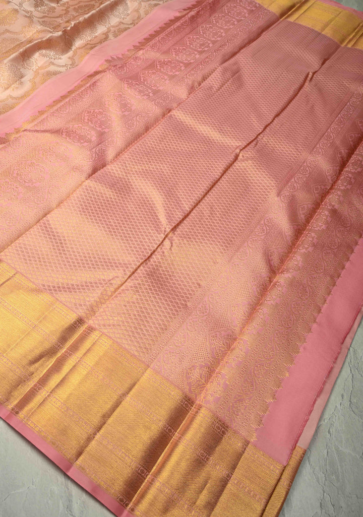 Blush Pink Kanjivaram Tissue Pure Silk Saree with Jaal Design and Zari Border | SILK MARK CERTIFIED