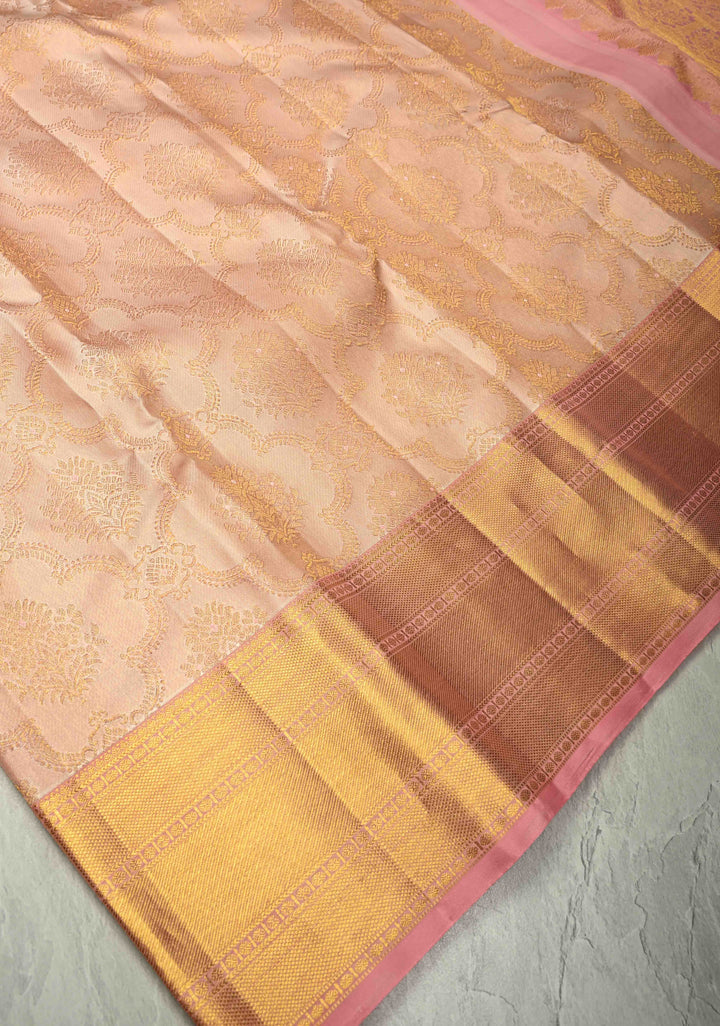 Blush Pink Kanjivaram Tissue Pure Silk Saree with Jaal Design and Zari Border | SILK MARK CERTIFIED
