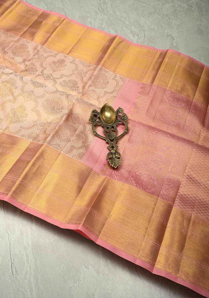 Blush Pink Kanjivaram Tissue Pure Silk Saree with Jaal Design and Zari Border | SILK MARK CERTIFIED