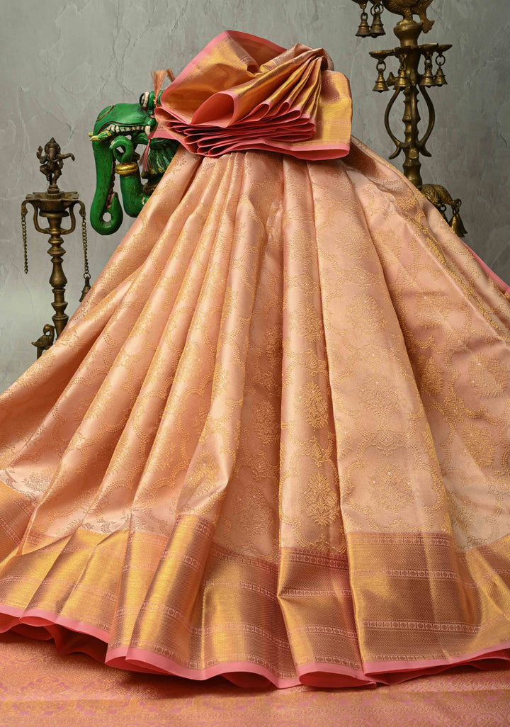Blush Pink Kanjivaram Tissue Pure Silk Saree with Jaal Design and Zari Border | SILK MARK CERTIFIED