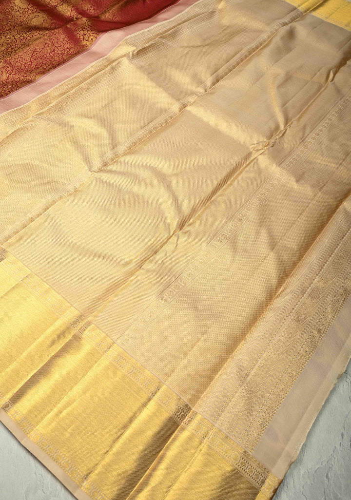 Statement Maroon Korvai Kanjivaram Pure Silk Saree with Floral Brocade Ganda Berunda Motifs and Zari Border | SILK MARK CERTIFIED