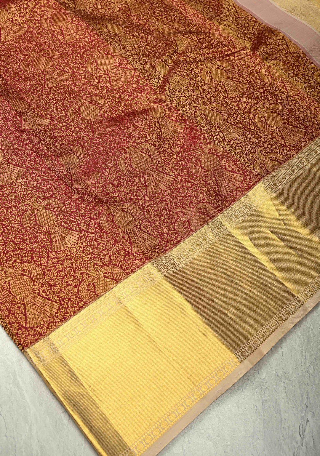 Statement Maroon Korvai Kanjivaram Pure Silk Saree with Floral Brocade Ganda Berunda Motifs and Zari Border | SILK MARK CERTIFIED
