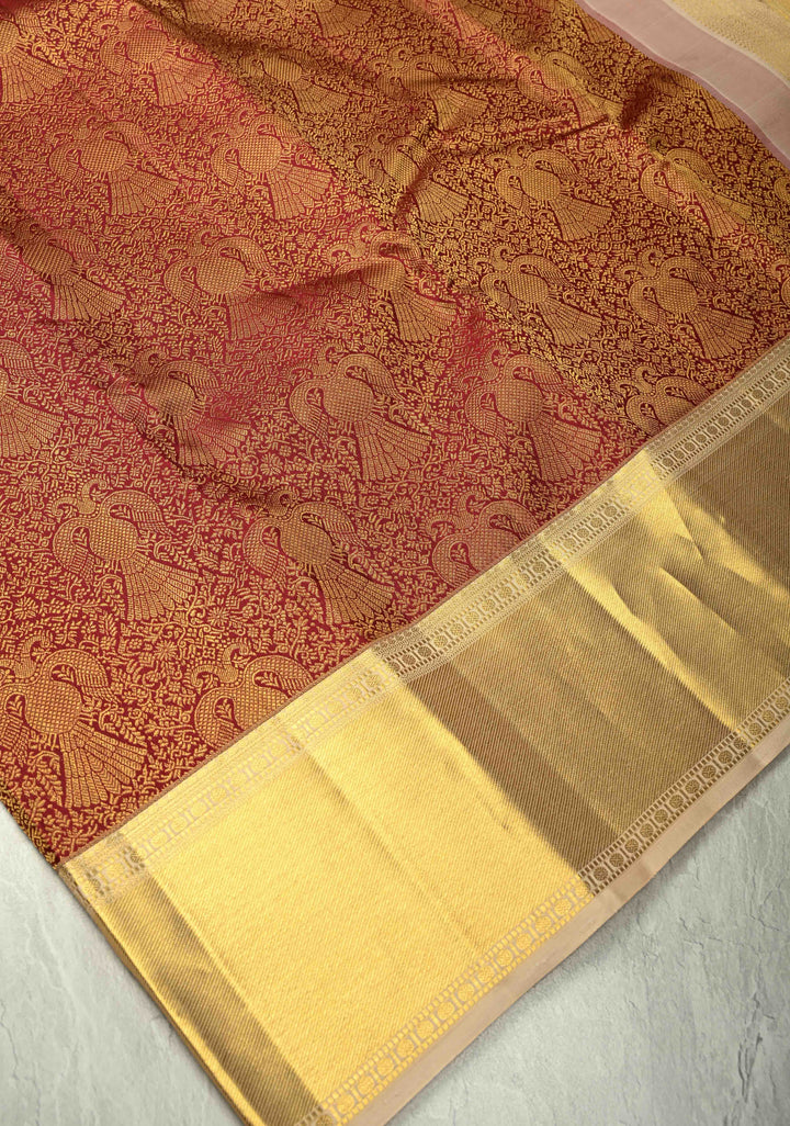 Statement Maroon Korvai Kanjivaram Pure Silk Saree with Floral Brocade Ganda Berunda Motifs and Zari Border | SILK MARK CERTIFIED