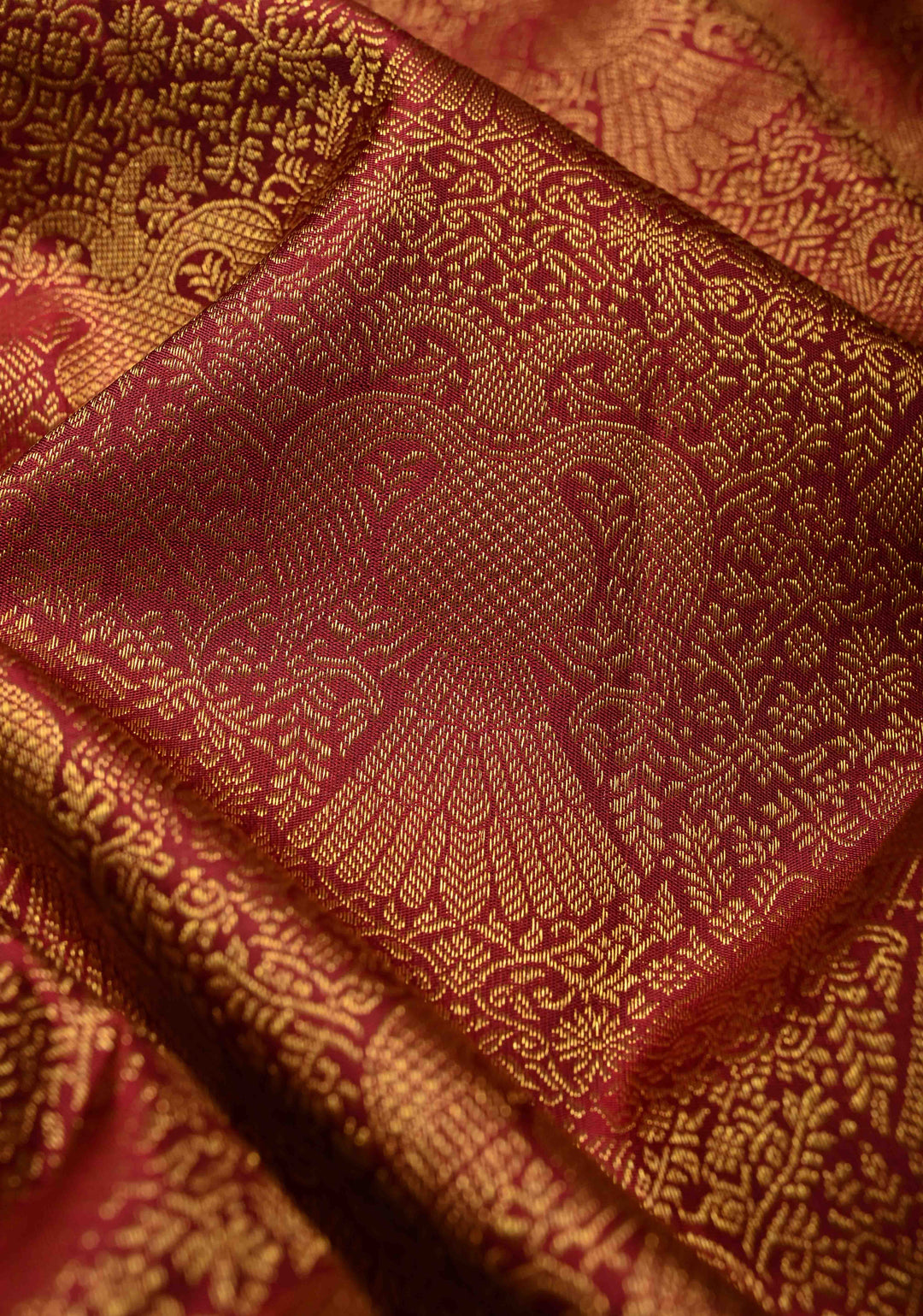 Statement Maroon Korvai Kanjivaram Pure Silk Saree with Floral Brocade Ganda Berunda Motifs and Zari Border | SILK MARK CERTIFIED