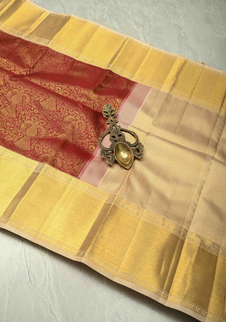 Statement Maroon Korvai Kanjivaram Pure Silk Saree with Floral Brocade Ganda Berunda Motifs and Zari Border | SILK MARK CERTIFIED