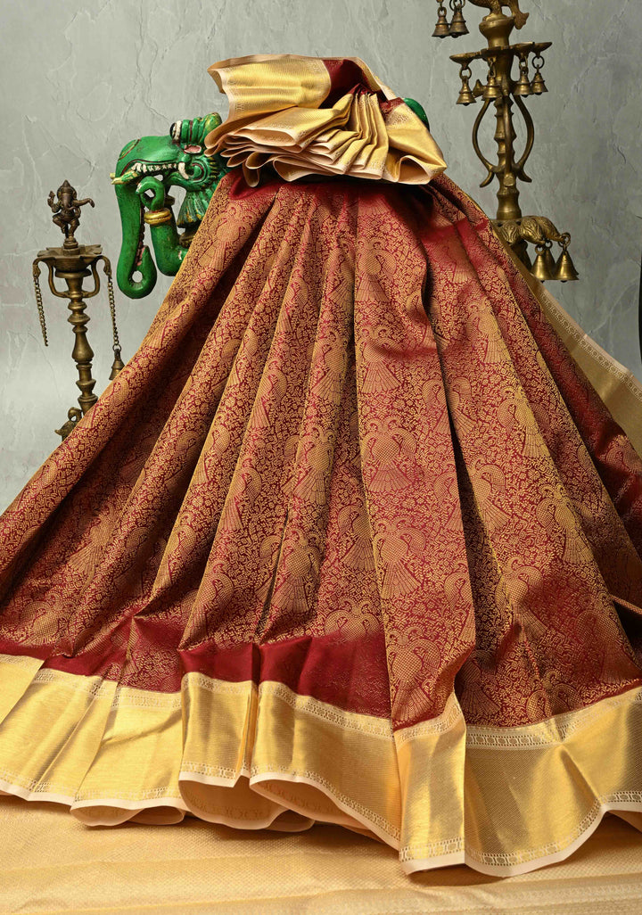 Statement Maroon Korvai Kanjivaram Pure Silk Saree with Floral Brocade Ganda Berunda Motifs and Zari Border | SILK MARK CERTIFIED