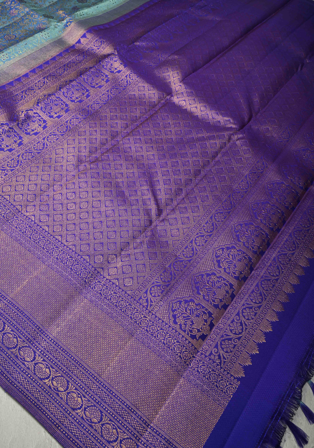 Blue Dual Tone Kanjivaram Pure Silk Saree with Meenakari Floral Zari Brocade Jaal and Zari Border | SILK MARK CERTIFIED