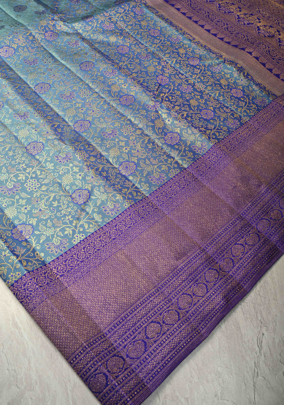 Blue Dual Tone Kanjivaram Pure Silk Saree with Meenakari Floral Zari Brocade Jaal and Zari Border | SILK MARK CERTIFIED