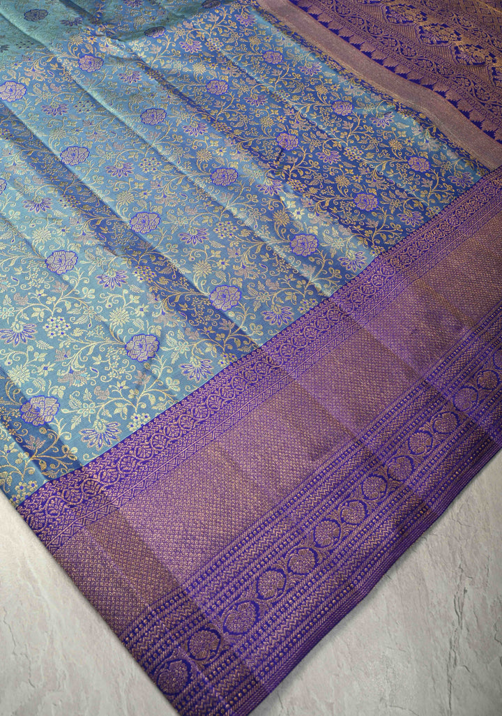 Blue Dual Tone Kanjivaram Pure Silk Saree with Meenakari Floral Zari Brocade Jaal and Zari Border | SILK MARK CERTIFIED