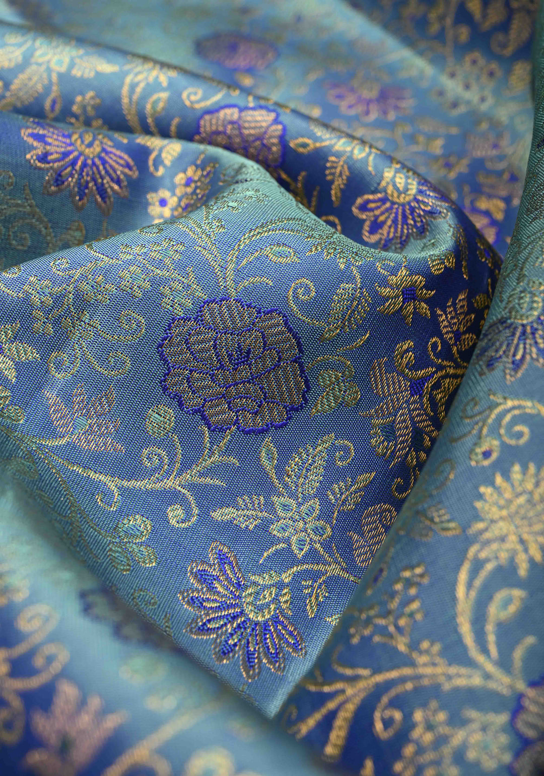 Blue Dual Tone Kanjivaram Pure Silk Saree with Meenakari Floral Zari Brocade Jaal and Zari Border | SILK MARK CERTIFIED