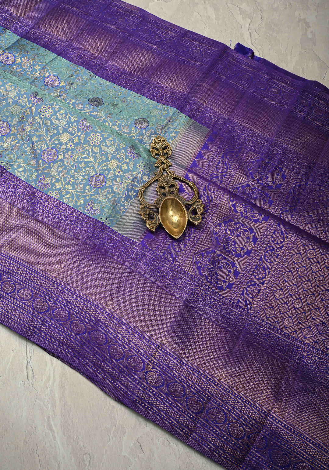 Blue Dual Tone Kanjivaram Pure Silk Saree with Meenakari Floral Zari Brocade Jaal and Zari Border | SILK MARK CERTIFIED