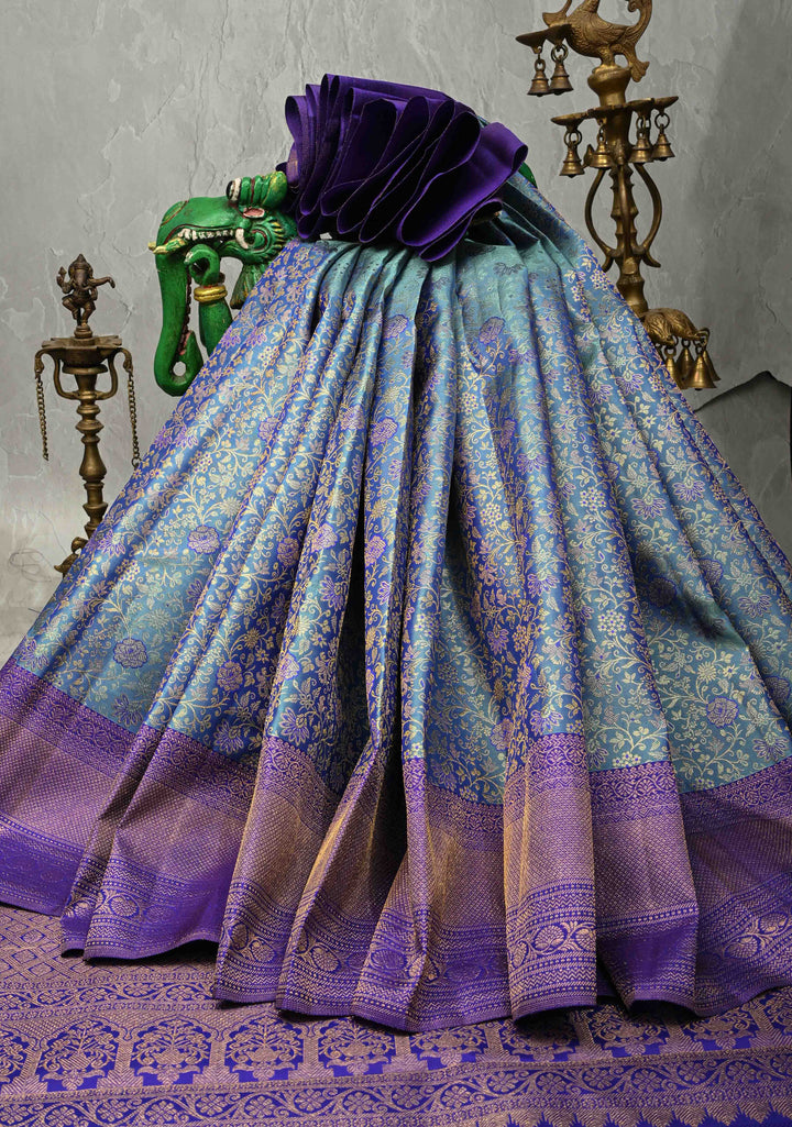 Blue Dual Tone Kanjivaram Pure Silk Saree with Meenakari Floral Zari Brocade Jaal and Zari Border | SILK MARK CERTIFIED