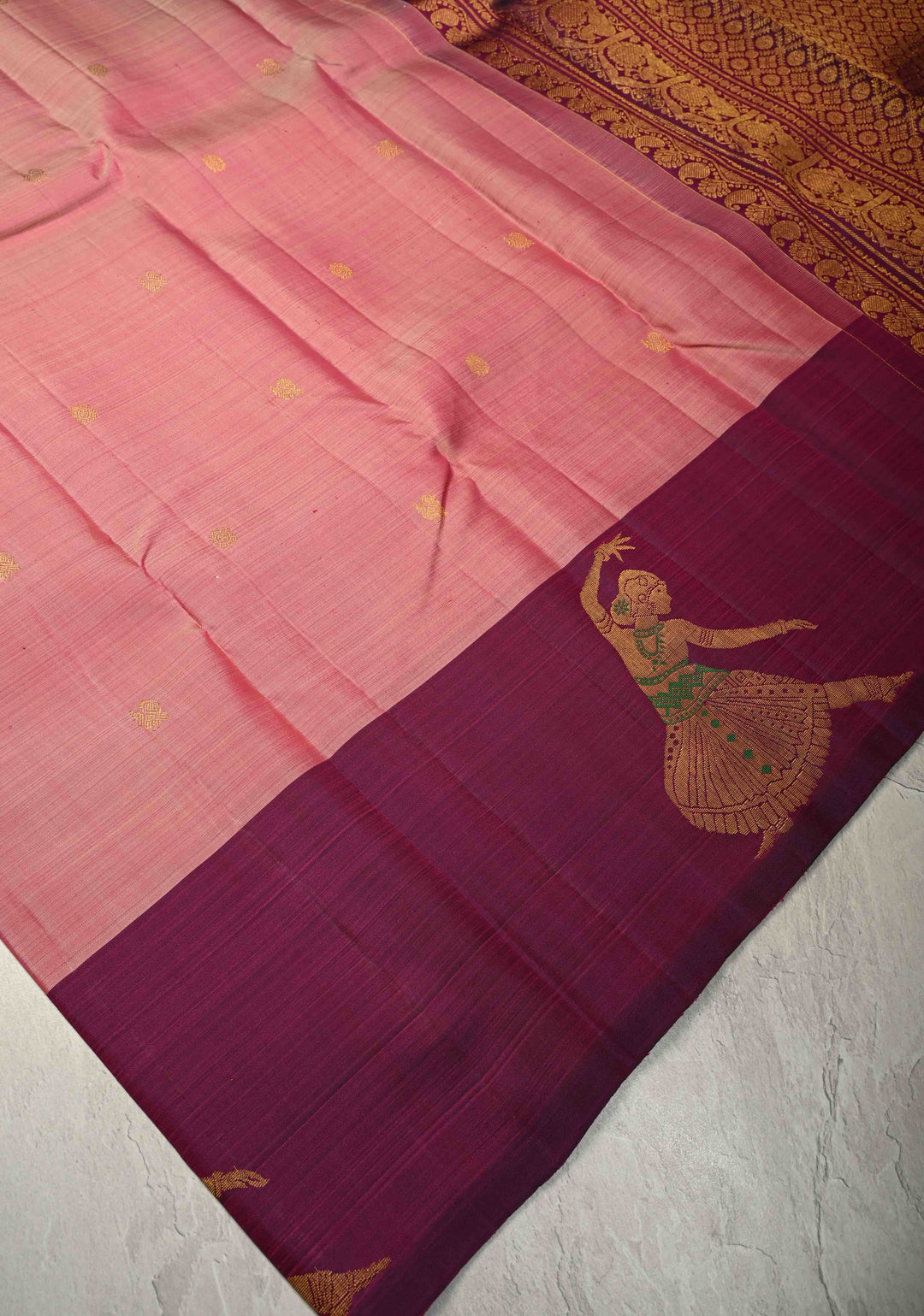 Dusty Rose Kanjivaram Pure Silk Saree with Zari Buttas and Distinct Meenakari Bharatanatyam Lady on Border| SILK MARK CERTIFIED | SHOBITAM