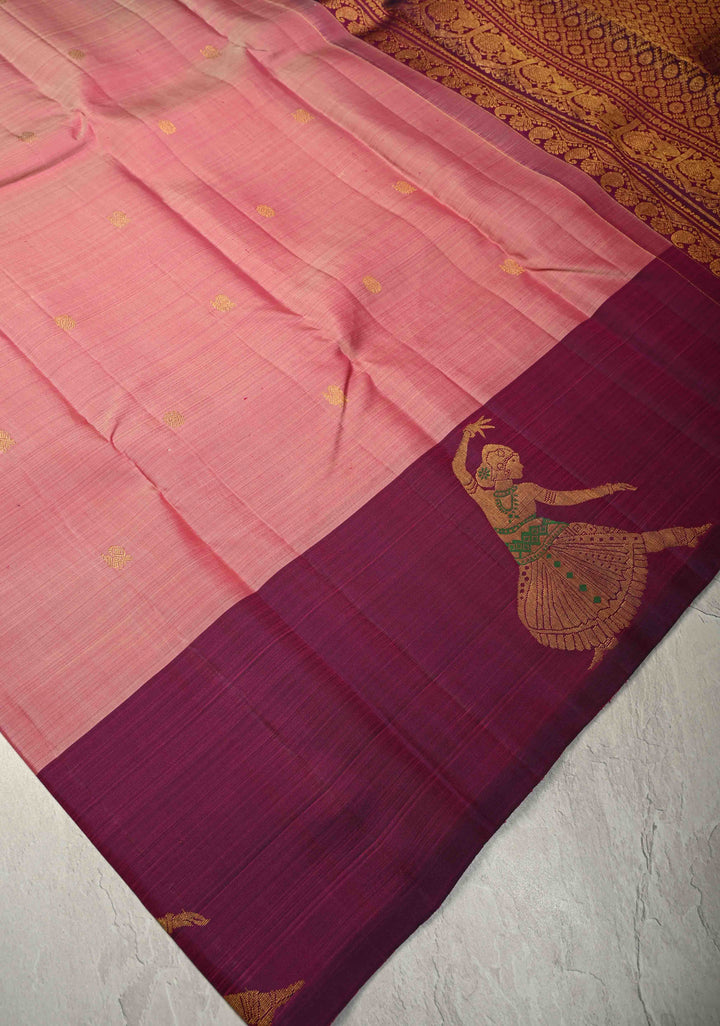 Dusty Rose Kanjivaram Pure Silk Saree with Zari Buttas and Distinct Meenakari Bharatanatyam Lady on Border| SILK MARK CERTIFIED | SHOBITAM