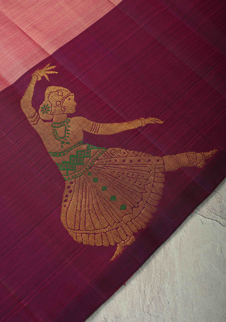Dusty Rose Kanjivaram Pure Silk Saree with Zari Buttas and Distinct Meenakari Bharatanatyam Lady on Border| SILK MARK CERTIFIED | SHOBITAM