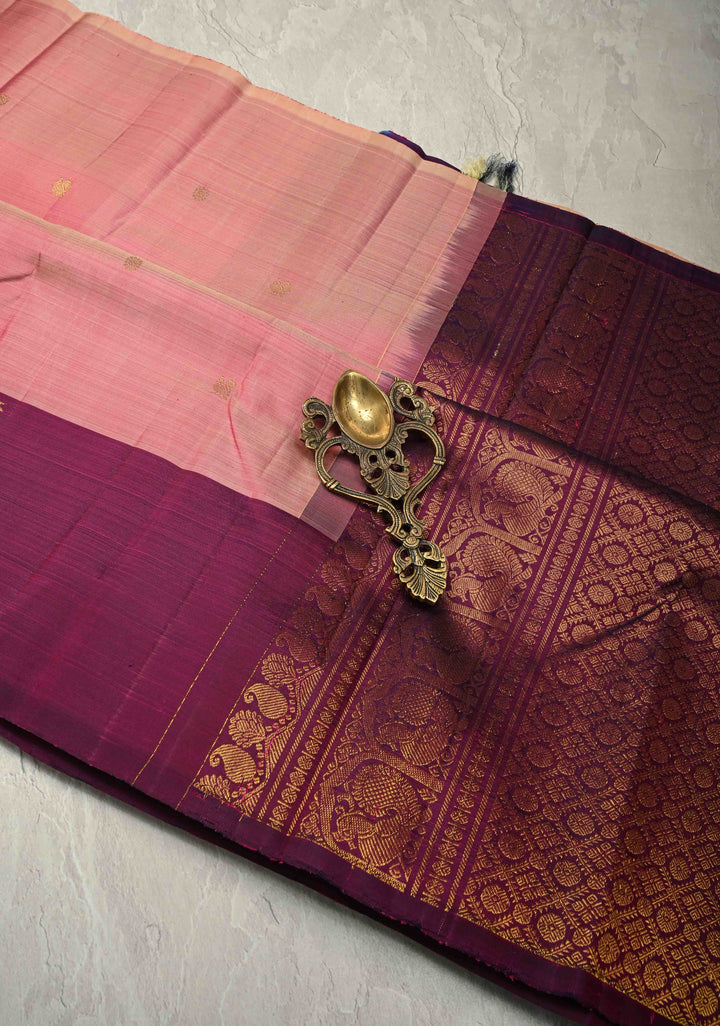 Dusty Rose Kanjivaram Pure Silk Saree with Zari Buttas and Distinct Meenakari Bharatanatyam Lady on Border| SILK MARK CERTIFIED | SHOBITAM