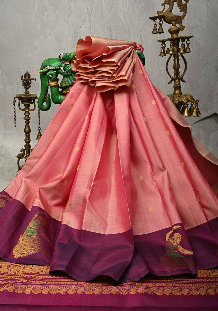 Dusty Rose Kanjivaram Pure Silk Saree with Zari Buttas and Distinct Meenakari Bharatanatyam Lady on Border| SILK MARK CERTIFIED | SHOBITAM