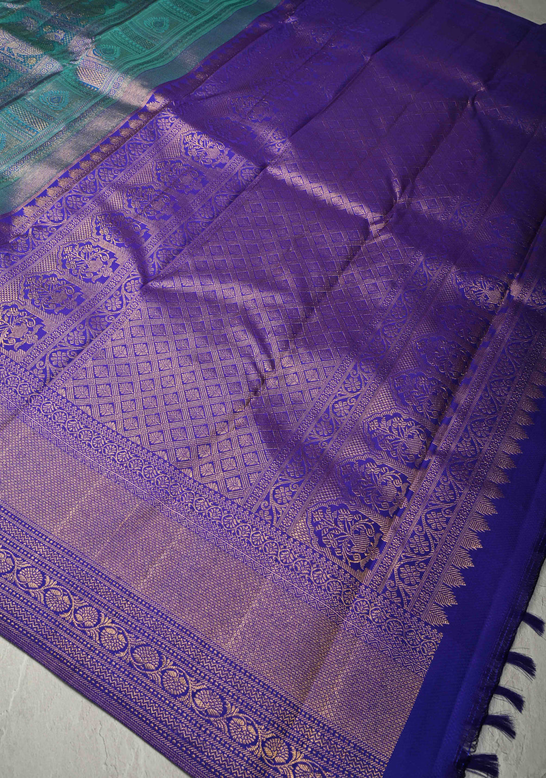 Turquoise Blue Kanjivaram Pure Silk Saree with Patola Design Contrast Purple Zari Border | SILK MARK CERTIFIED