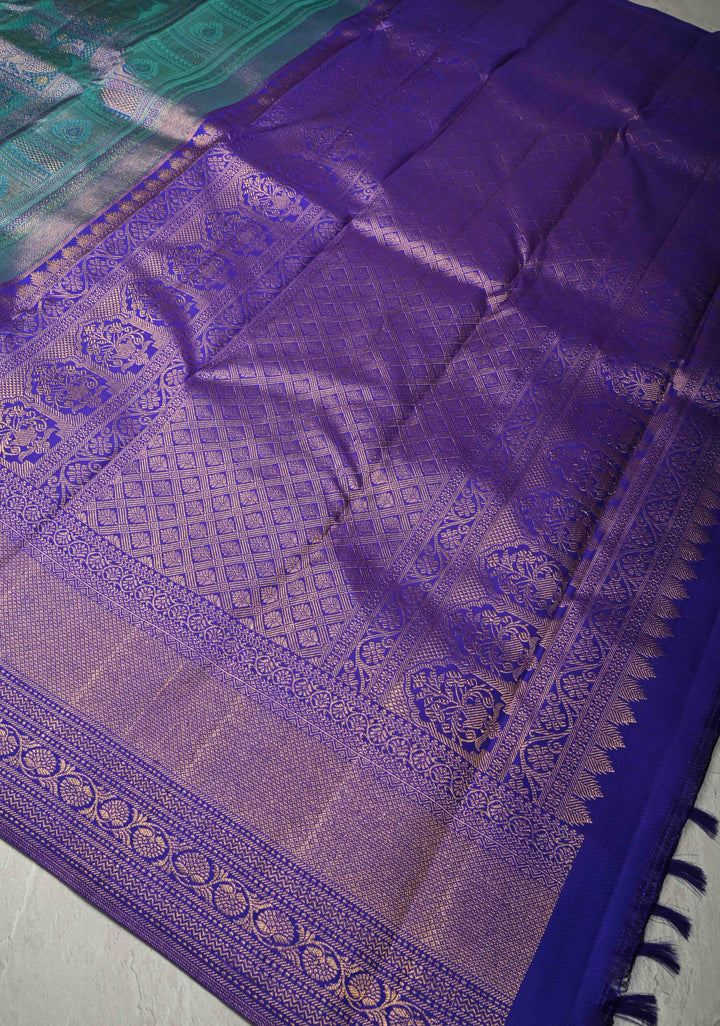 Turquoise Blue Kanjivaram Pure Silk Saree with Patola Design Contrast Purple Zari Border | SILK MARK CERTIFIED