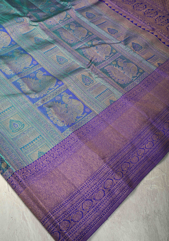 Turquoise Blue Kanjivaram Pure Silk Saree with Patola Design Contrast Purple Zari Border | SILK MARK CERTIFIED