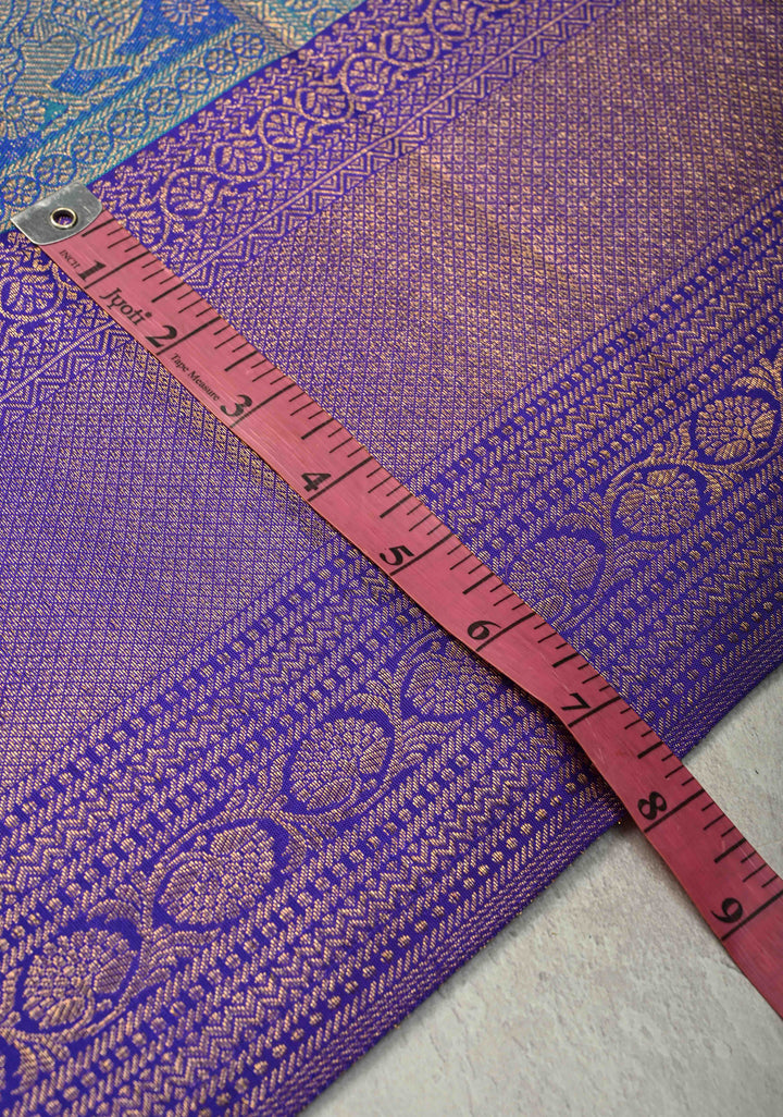 Turquoise Blue Kanjivaram Pure Silk Saree with Patola Design Contrast Purple Zari Border | SILK MARK CERTIFIED