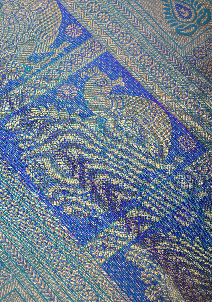 Turquoise Blue Kanjivaram Pure Silk Saree with Patola Design Contrast Purple Zari Border | SILK MARK CERTIFIED