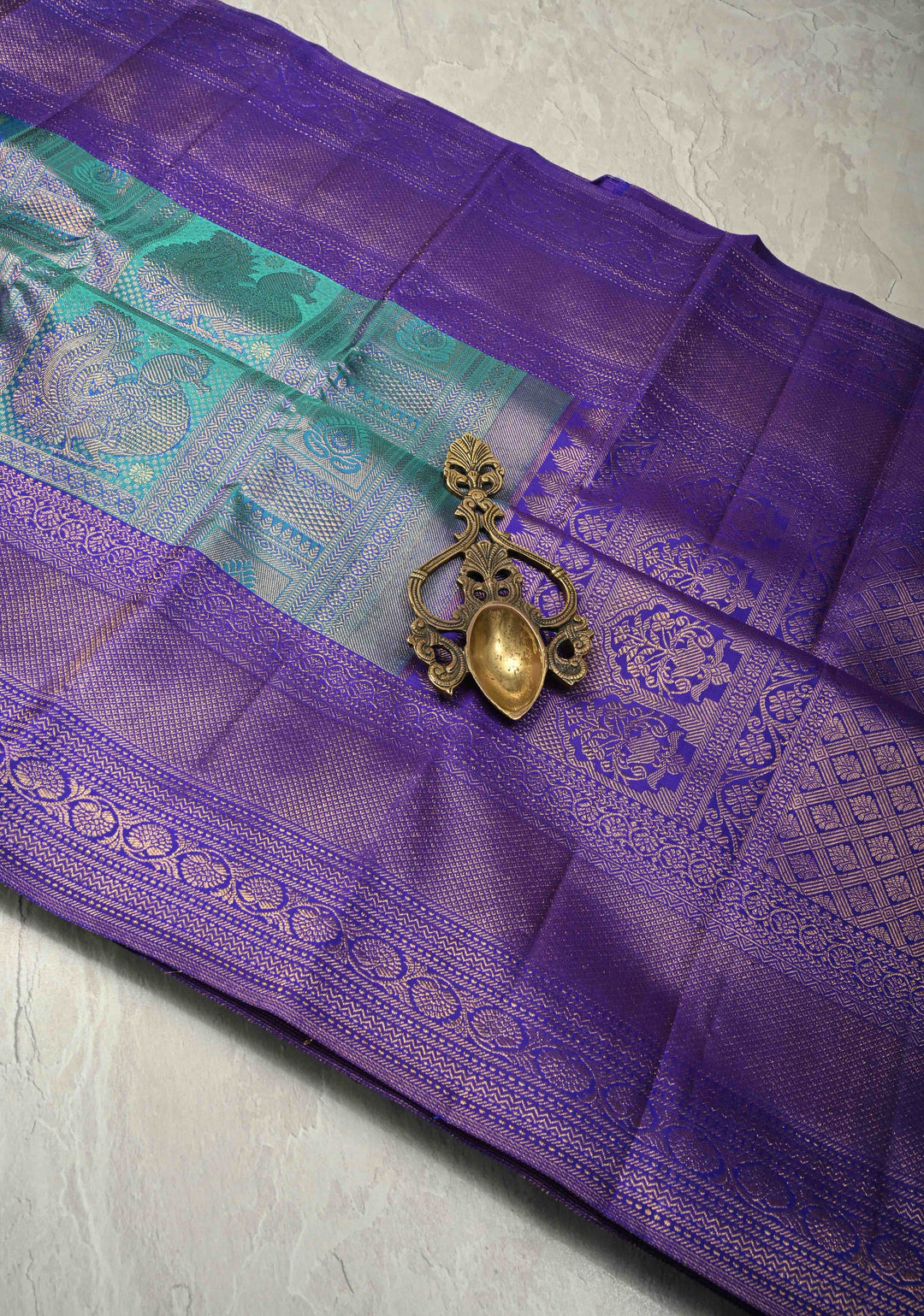 Turquoise Blue Kanjivaram Pure Silk Saree with Patola Design Contrast Purple Zari Border | SILK MARK CERTIFIED