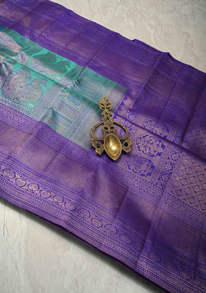 Turquoise Blue Kanjivaram Pure Silk Saree with Patola Design Contrast Purple Zari Border | SILK MARK CERTIFIED