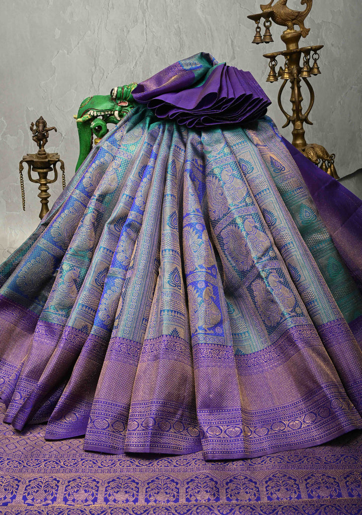 Turquoise Blue Kanjivaram Pure Silk Saree with Patola Design Contrast Purple Zari Border | SILK MARK CERTIFIED