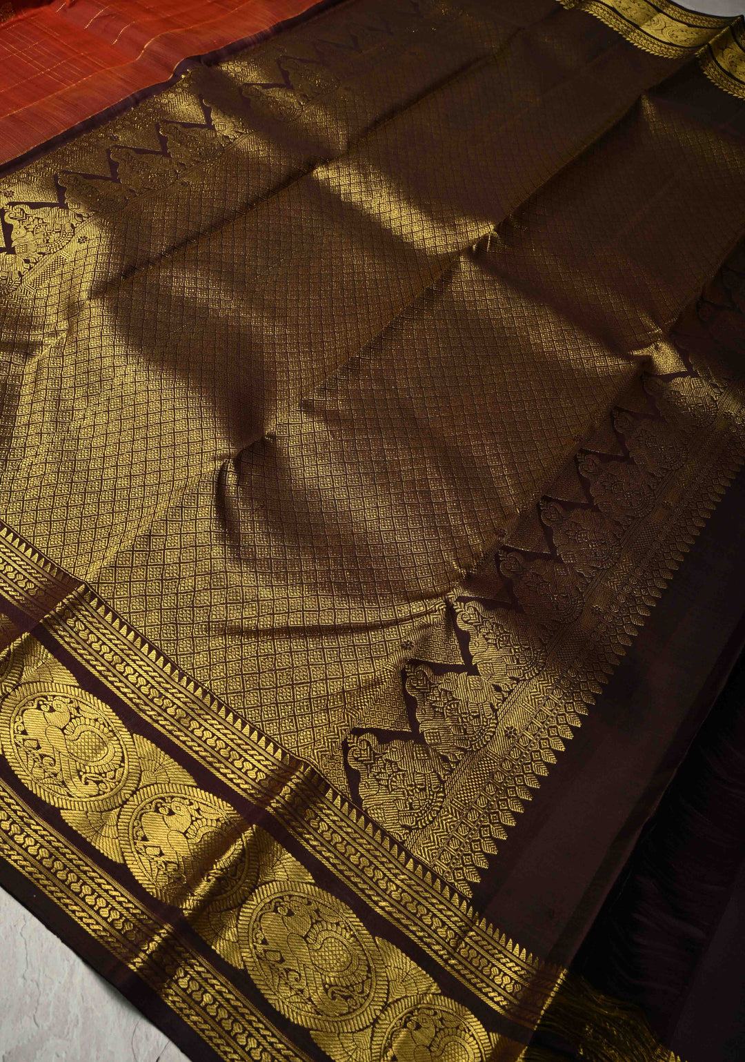 Rust Orange Zari Checks on Kanjivaram Pure Silk Saree with Zari Buttas and Zari Border | SILK MARK CERTIFIED