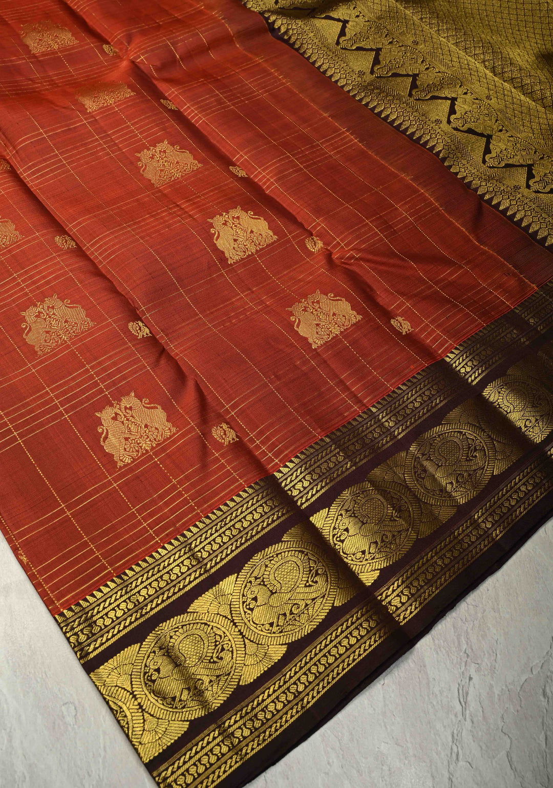Rust Orange Zari Checks on Kanjivaram Pure Silk Saree with Zari Buttas and Zari Border | SILK MARK CERTIFIED