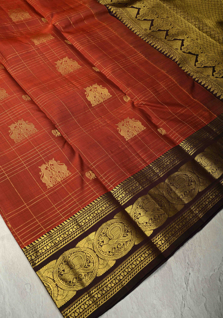 Rust Orange Zari Checks on Kanjivaram Pure Silk Saree with Zari Buttas and Zari Border | SILK MARK CERTIFIED