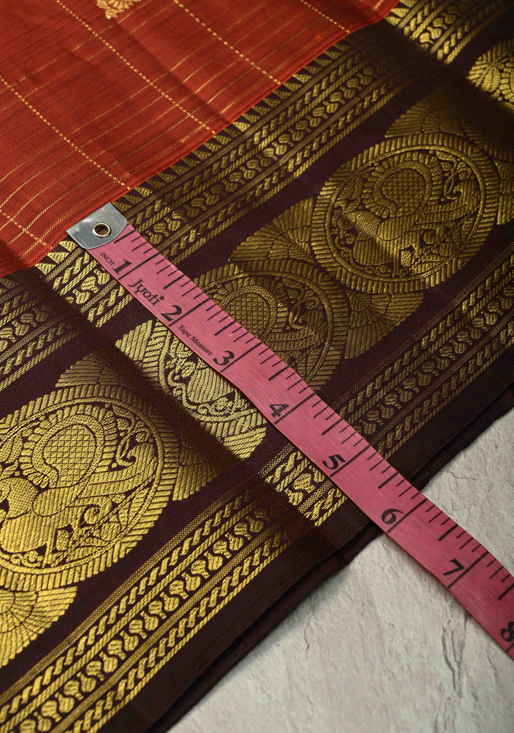 Rust Orange Zari Checks on Kanjivaram Pure Silk Saree with Zari Buttas and Zari Border | SILK MARK CERTIFIED
