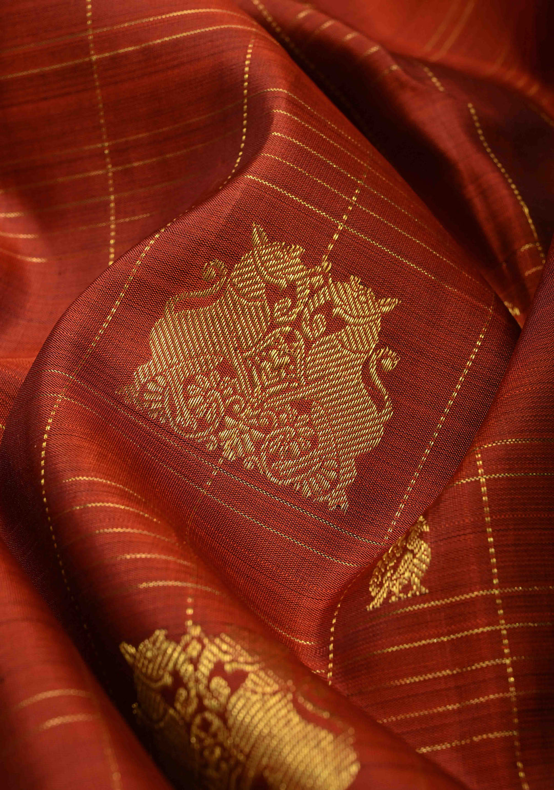 Rust Orange Zari Checks on Kanjivaram Pure Silk Saree with Zari Buttas and Zari Border | SILK MARK CERTIFIED