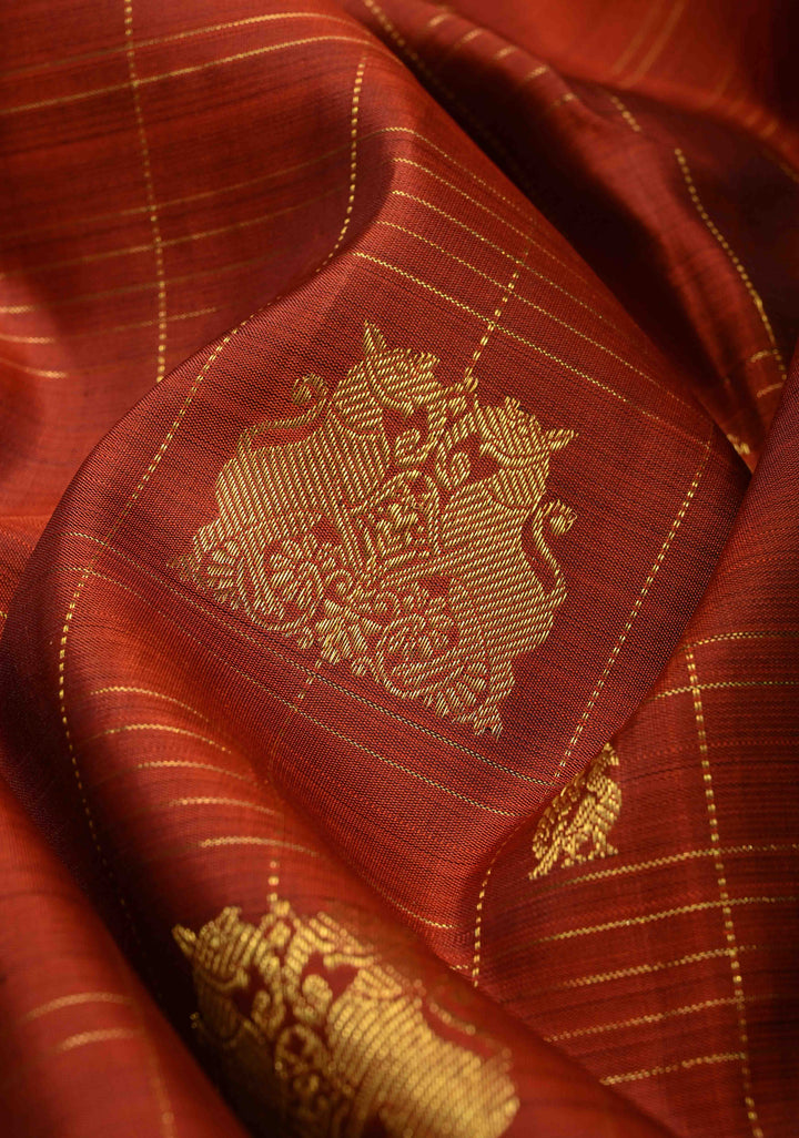 Rust Orange Zari Checks on Kanjivaram Pure Silk Saree with Zari Buttas and Zari Border | SILK MARK CERTIFIED