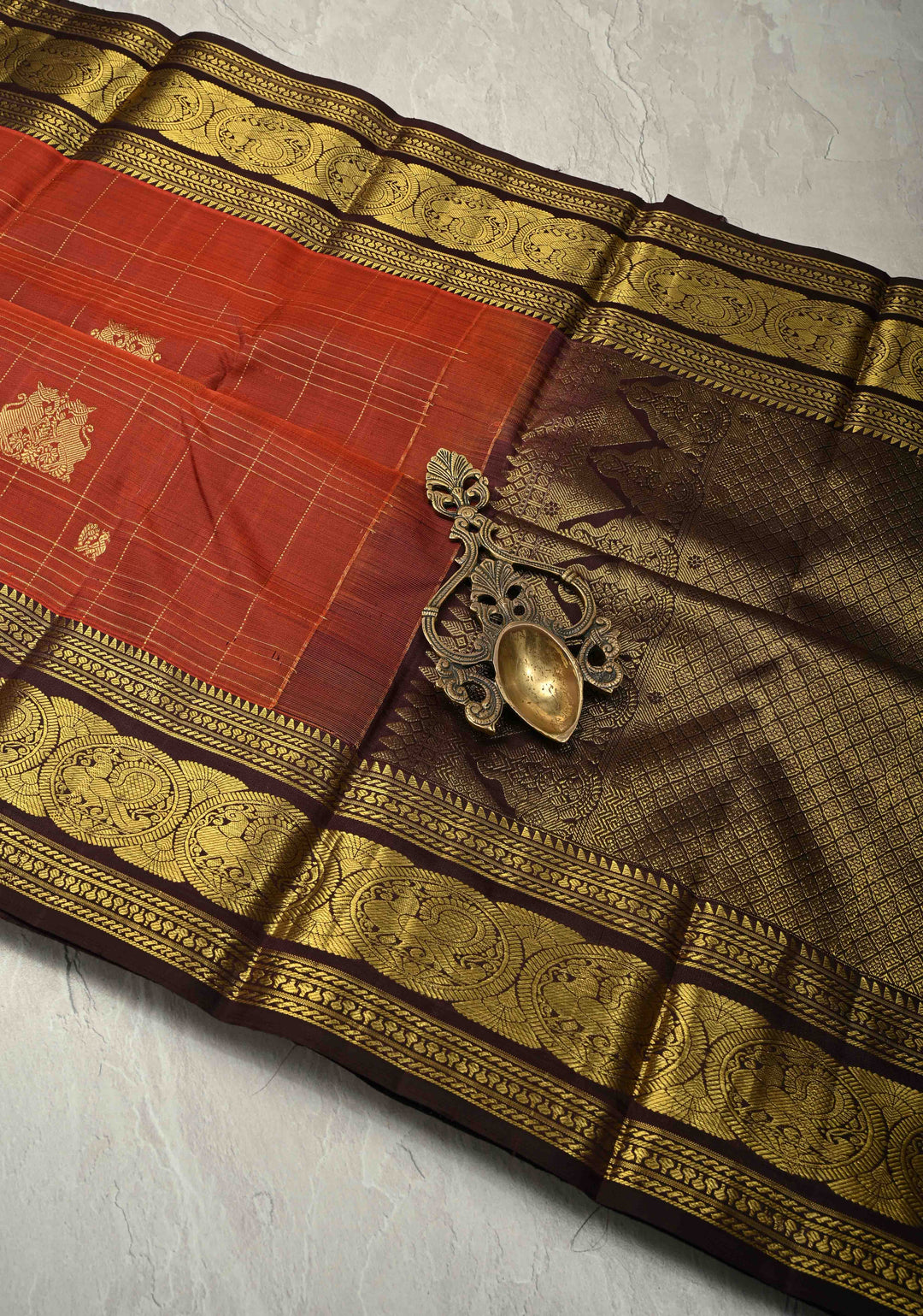 Rust Orange Zari Checks on Kanjivaram Pure Silk Saree with Zari Buttas and Zari Border | SILK MARK CERTIFIED